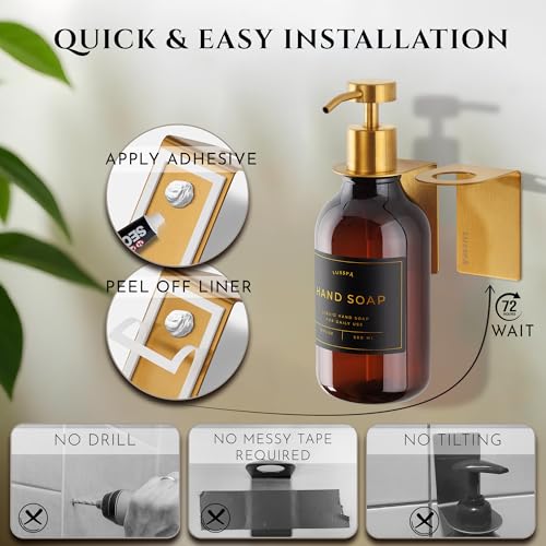 Shower Shampoo Dispenser Wall Mounted – Refillable 16.9 oz Amber Bottle with Stainless Steel Pump & No-Drill Adhesive Holder – Soap Dispenser for Bathroom (1 X Amber/Gold) - color: 1 X Amber/Gold