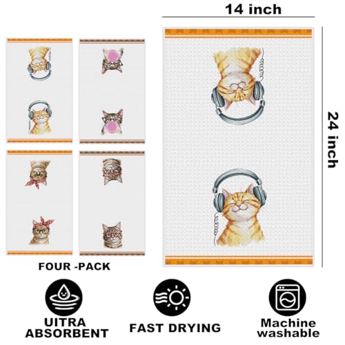 Hanamiya Na 4 Pcs Funny Cat Kitchen Hand Towels 24x14 Inch - color: Multi 1350