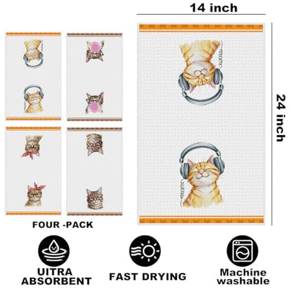 Hanamiya Na 4 Pcs Funny Cat Kitchen Hand Towels 24x14 Inch - color: Multi 1350