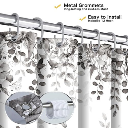 Long Gray Eucalyptus Shower Curtain 72X78 Inch, Black and White Watercolor Plants Leaves Tall Bathroom Curtains, Botanical Foliage Waterproof Fabric Cloth Shower Curtain Set with Hooks - color: Black, size: 72"W x 78"L (Pack of 1)