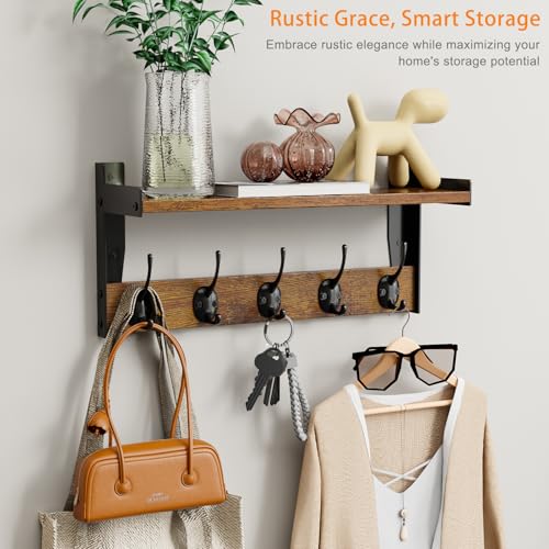 Wall Hooks with Shelf, Wood Coat Rack with Shelf Wall-Mounted, Entryway Hanging Shelves with 5 Metal Hooks for Clothes Hats Towel Purse Robes, Bathroom Mudroom Bedroom, Rustic Brown - size: 16 inch Long