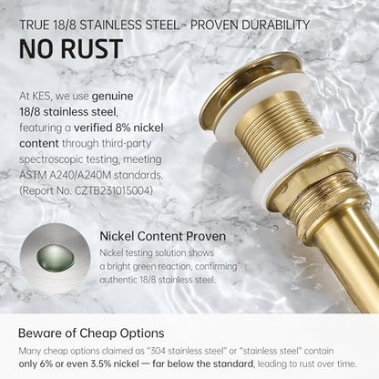KES Sink Drain Without Overflow Bathroom Pop Up Drain Assembly Stopper Vessel Sink Brushed Gold for 1.6"-1.9" Sink Hole, All Metal Rustproof Brass and 304 Stainless Steel, S2008D-BZ - color: Brushed Gold, style: NO Overflow, 1 Pack