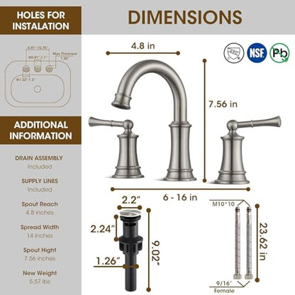 Classic Brushed Nickel Bathroom Faucet,Bathroom Sink Faucet | 360° Rotatable Spout, 2 Handles, 3 Hole Widespread, Pop Up Drain & Supply Lines Included, Antique Style (L2304-BN) - color: Nickel