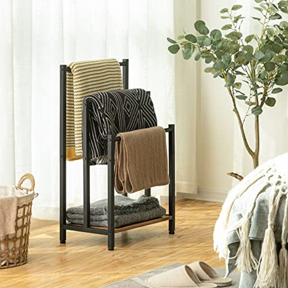 HOOBRO Free Standing Towel Rack, 3 Tier Blanket Rack, Blanket Holder for Bathroom, 16.9" L x 11" W x 31.9" H, Industrial Metal Drying and Display Rack with Shelf, Rustic Brown and Black BF03LB01 - color: Rustic Brown + Black, size: 16.9"L x 11"W x 31.9"H