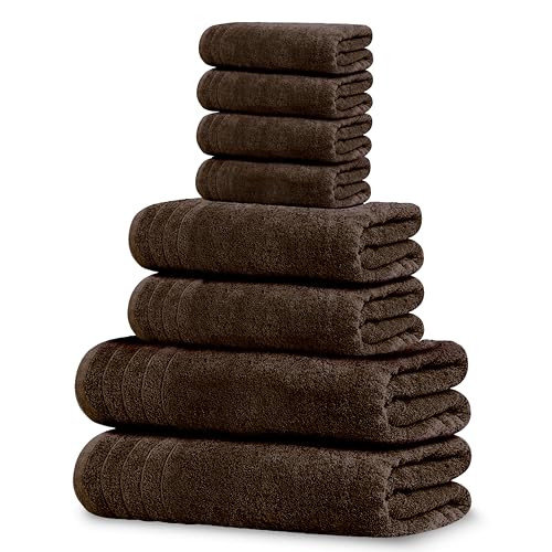 8 Piece Towel Set, 2 XL Bath, 2 Hand, 4 Washcloth, Brown | 100% Cotton, Lighter Weight, Quicker to Dry, Super Absorbent, Perfect for Bathroom - color: Brown