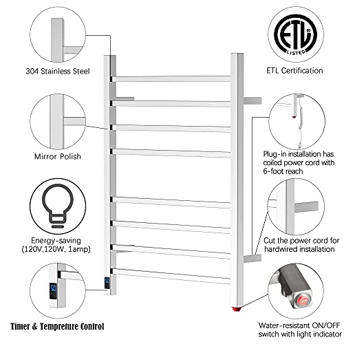 HEATGENE Towel Warmer with Timer and Temperature Control, Electric Towel Warmer with 8 Square Bars, Wall-Mounted Electric Towel Rack with 8 Square Bars, Plug-in/Hardwired Towel Rails - Mirror Polish - color: Mirror Polish