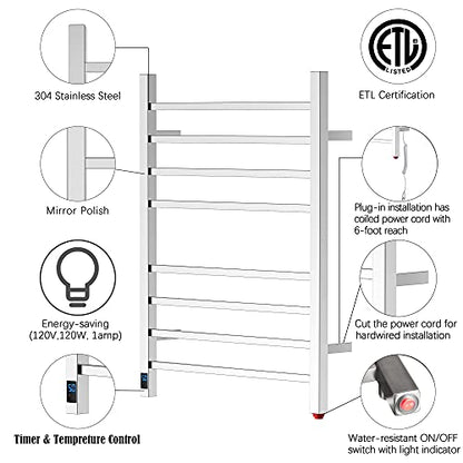 HEATGENE Towel Warmer with Timer and Temperature Control, Electric Towel Warmer with 8 Square Bars, Wall-Mounted Electric Towel Rack with 8 Square Bars, Plug-in/Hardwired Towel Rails - Mirror Polish - color: Mirror Polish