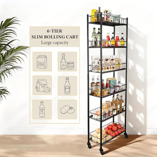 Utility Slim Storage Cart 6 Tier Narrow Metal Frame Carts | 6 Tier Narrow Kitchen Storage Cart,Laundry Room Carts, for Kitchen,DiningRoom,Living Room,Home Office,Classic Black - color: Black