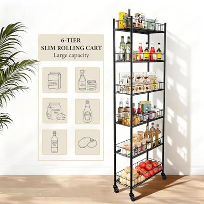 Utility Slim Storage Cart 6 Tier Narrow Metal Frame Carts | 6 Tier Narrow Kitchen Storage Cart,Laundry Room Carts, for Kitchen,DiningRoom,Living Room,Home Office,Classic Black - color: Black