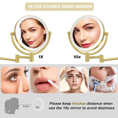 8" Make up Mirror Wall Mounted with Lights and Magnification 10X | Rechargeable, Double Sided, 3-Color LED Touch Dimmable, Brass Extended Swing Arm Foldable Makeup Cosmetic, Brushed Gold - color: Brushed Gold