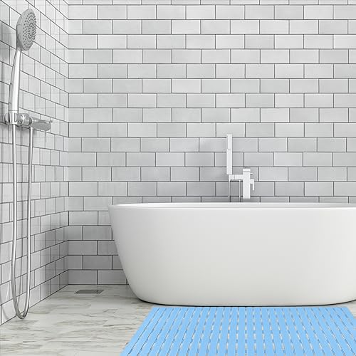 BEMISO Shower Mat Non Slip Bathtub Mat 37.4 x 15.7 Inch Bath Mat for Tub | Suction Cups,Drain Holes,Easy Dry,Easy to Cut,Eco-Friendly - color: Blue, size: 37.4 x 15.7 inches