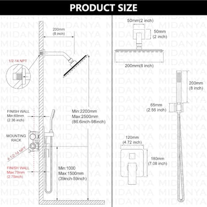 Midanya Shower Faucet Set with Handheld Sprayer,8 Inch,Brushed Nickel | Rough-in Shower Valve and Trim Kit Included,Square Rain Head,Wall Mount Shower System,All Metal,Bathroom - color: Nickel, size: 8 Inch