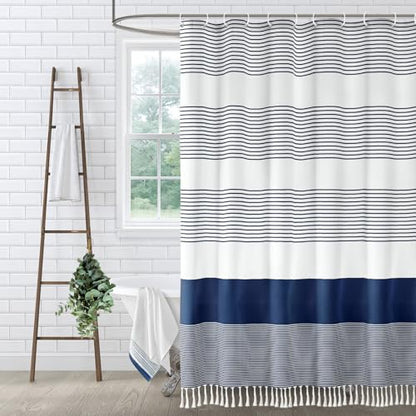 Navy Blue Coastal Ocean Cotton Striped Shower Curtain with Tassel 72W X 72L | Boho Farmhouse Shower Curtains for Bathroom with Soft Cotton Feel - color: Navy Blue, size: 72"W x 72"L
