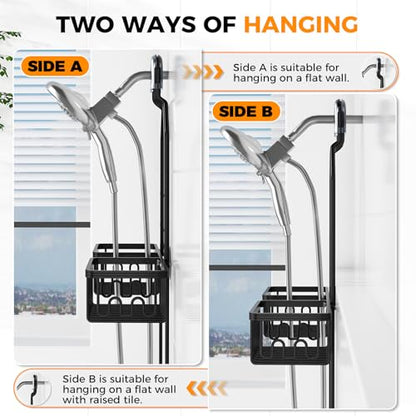 Adjustable Aluminum Shower Caddy Hanging for Handheld Showerhead, Black | Rustproof Aluminum, Shower Organizer, Anti-Slip, Quick-Drain Shelf, 40lbs Capacity, Suction Cups, 8 Hooks, Razor Soap Holders - color: Black