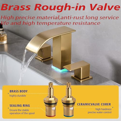 Brushed Gold Bathroom Faucet 3 Hole Widespread Waterfall Vanity Faucet for Bathroom Sink, Modern Touch on Two Handle Gold Faucet (Brushed Gold) - color: Brushed Gold