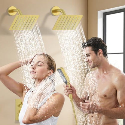 Bathtub Shower System 6-Inch Dual Overhead Rain Showers with 3-Function Handheld Showerhead & Power Jet | Complete Set with Diverter Valve (Brushed Gold)