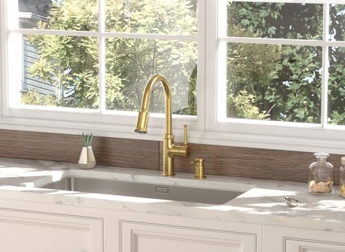 Lava Odoro Bronze Gold Kitchen Faucet with Pull Down Sprayer, Brushed Brass Kitchen Sink Faucet, Single Hole Kitchen Faucet with 3-Function Sprayer, Deck Plate Included, Spot-Free, 1.8 GPM, KF421-BB - color: Brushed Bronze, style: Standard
