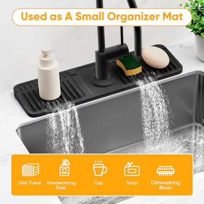 17.7'' Folding Faucet Mat for Kitchen Sink Splash Guard[7° Slope Fast Self-draining][Snap Lock Fit] Kitchen Sink Faucet Mat Splash Guard Kitchen Sink Area Water Splash Guard Behind Faucet Draining Mat - color: Black, size: 17.7" x 5.5"