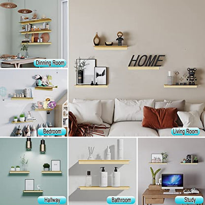 HNVNER Brushed Gold Floating Wall Shelves 2 Packs, Shower Shelf 15.7x4.9 | Anodized Aluminum, Rustproof, No Drilling Option, Adhesive Display Ledge for Bedroom, Living Room, Bathroom, Home Office - color: Brushed Gold, size: 15.6 x 4.9 inch