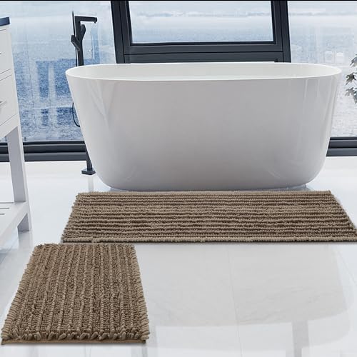 Luxury Chenille Taupe Bathroom Rugs Sets 2 Piece, Thickened Hot Melt Rubber Bottom Bath Mats for Bathroom Non Slip,Bath Rugs Quick Dry Machine Washable for Shower Mat (47"x17"+17"x24") - color: Taupe, size: 47" x 17" Plus 17" x 24"