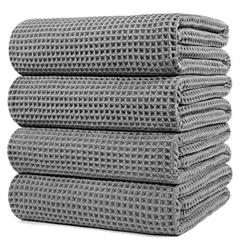 POLYTE 430 GSM Poly Blend Microfiber Quick Dry Waffle Bath Towel, 30x60 in | 4 Pack, Oversize, Lint Free, Body Towel - color: Gray