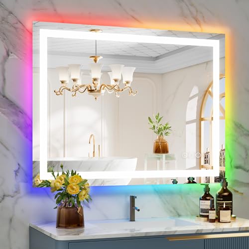 40x30 Inch RGB LED Bathroom Mirror Front Light and RGB Backlit Lighted Vanity Mirror for Bathroom Wall Mounted Dimmable Anti Fog Memory Shatter-Proof IP54 Waterproof Horizontal/Vertical - color: Rgb Backlit+front Lit, size: 40"L x 30"W