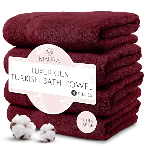 MAURA Wine Red Extra Large Turkish Cotton Luxury Bath Towels Set of 4. Ultra-Soft, Thick & Plush Towels for Bathroom - Burgundy - color: Burgundy, size: Bath Towel (4-Pack)