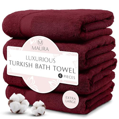 MAURA Wine Red Extra Large Turkish Cotton Luxury Bath Towels Set of 4. Ultra-Soft, Thick & Plush Towels for Bathroom - Burgundy - color: Burgundy, size: Bath Towel (4-Pack)
