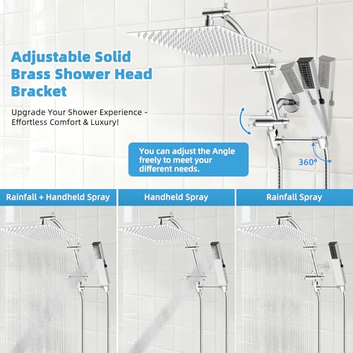 Hibbent All Metal CUPC Certified 12'' Rainfall Shower Head, Dual Shower Head Combo with 4 Handheld Sprays, High Pressure Shower Wand, 16'' Adjustable Extension Arm, 71'' Hose, Shower Holder, Chrome - color: Chrome, style: Square 12''