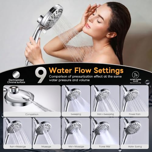 High Pressure Handheld Shower Head Chrome,9 Function Sprays Magnetic Rain Shower Head with Handheld,Anti-clog Nozzles, Built-in Power Wash to Clean Tub - color: Chrome