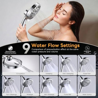 High Pressure Handheld Shower Head Chrome,9 Function Sprays Magnetic Rain Shower Head with Handheld,Anti-clog Nozzles, Built-in Power Wash to Clean Tub - color: Chrome