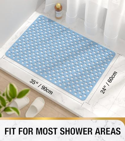 HITSLAM Bathtub Mat Non Slip, 35 x 24 Inch Long TPE Bath Mat for Tub, Efficient Drainage Bathroom Shower Mat with Suction Cups, Bath Tub Mat, Soft on Feet and Easy to Clean, Blue - color: Blue, size: 35" x 24" (Rectangular)