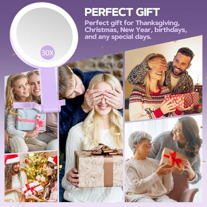 MIYADIVA Lighted Makeup Mirror, 30X Magnifying Mirror with Light, Hanging and Handheld Mirror with Handle, Purple - color: Purple