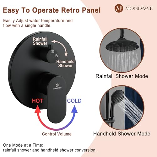 MONDAWE 8 Inch Wall Mounted Shower Faucet Set in Matte Black, Rainfall Shower Head with 3-Setting Handheld Spray Shower Set Combo, High Pressure Shower System with Solid Brass Valve - color: Matte Black, style: 8 IN - Without Tub Spout