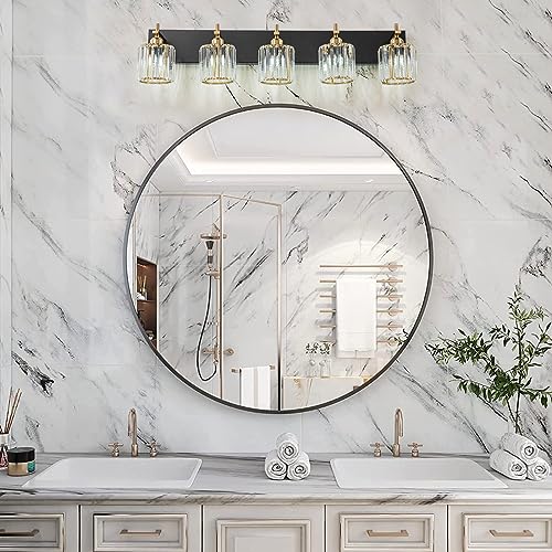 Modern Crystal Bathroom Vanity Lights, Black Gold 5-Lights Bathroom Light Fixtures Over Mirror, Crystal Wall Lighting with Polished Gold Finish(Exclude Bulb) - color: Black Gold-Round Shade, size: 5-Light