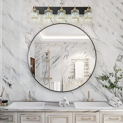 Modern Crystal Bathroom Vanity Lights, Black Gold 5-Lights Bathroom Light Fixtures Over Mirror, Crystal Wall Lighting with Polished Gold Finish(Exclude Bulb) - color: Black Gold-Round Shade, size: 5-Light