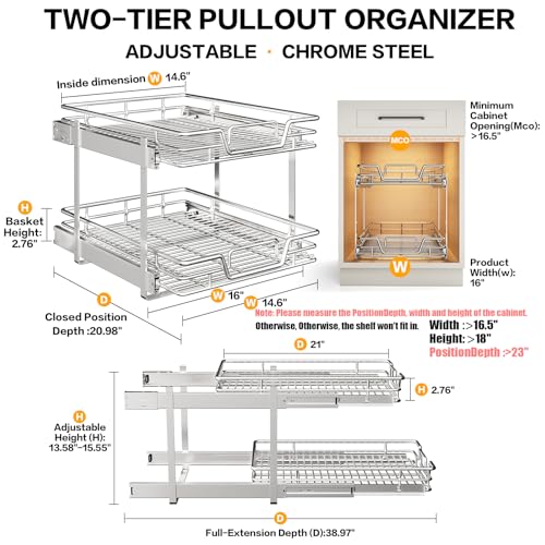 2-Tier Kitchen Cabinet Pull Out Shelf and Drawer Organizer Slide Out Pantry Storaqe Basket in Multiple Sizes (16" W x 21" D) - size: 16" W x 21" D