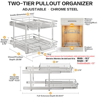 2-Tier Kitchen Cabinet Pull Out Shelf and Drawer Organizer Slide Out Pantry Storaqe Basket in Multiple Sizes (16" W x 21" D) - size: 16" W x 21" D