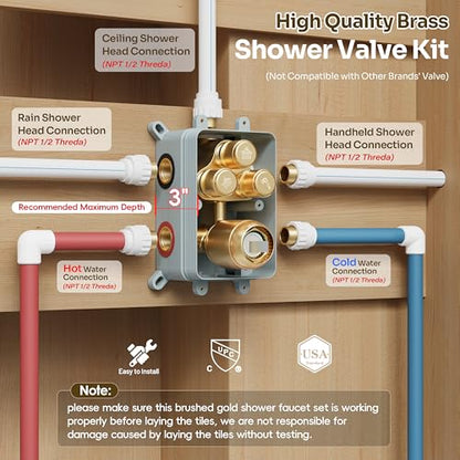Gold Shower Faucet Set, Brushed Gold Shower System, 10'' Ceiling Shower Head and 6'' Wall Mounted ShowerHead, Dual Gold Shower Head with Handheld Combo, 3 In 1 Push Button Shower Diverter Valve - color: Brushed Gold