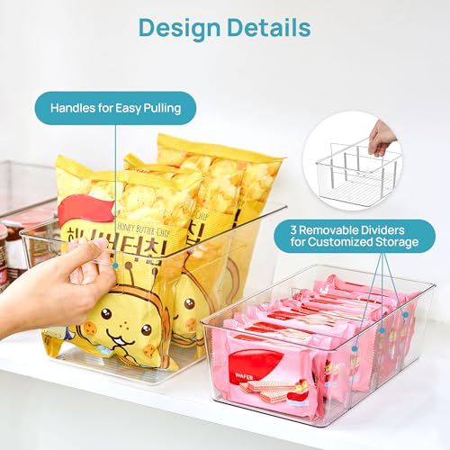 Vtopmart 8 Pack Clear Storage Bins Set for Pantry Organizer | 4 Large Pantry Bins with Handle and 4 Medium Snack Organizer Bins with 4-Compartment for Pantry, Kitchen, Fridge, Cabinet - size: Set D