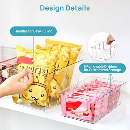 Vtopmart 8 Pack Clear Storage Bins Set for Pantry Organizer | 4 Large Pantry Bins with Handle and 4 Medium Snack Organizer Bins with 4-Compartment for Pantry, Kitchen, Fridge, Cabinet - size: Set D