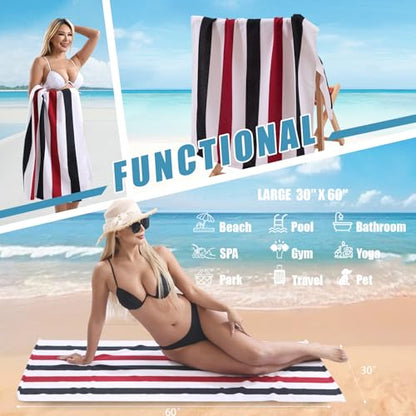 Beach Towel Set-4 Pack 30"x60" Sand Free Stripe Beach Towel for Pool,Bathroom,Soft Absorbent Quick Dry Lightweight Beach Bath Towel,Camping Blanket,Travel Towel,Beach Essentials for Adults,Red/Black - color: Red/Black