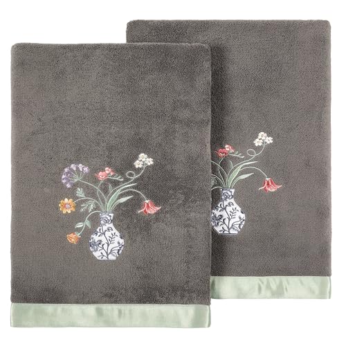 Floret 2-Piece Bath Towel Set, Charming Blue & White Vase Motif, Superior Turkish Cotton, Super Absorbent, Chic Bathroom Upgrade, 2 Bath Towels, Charcoal - color: Charcoal, size: 2 Pcs Bath Towel