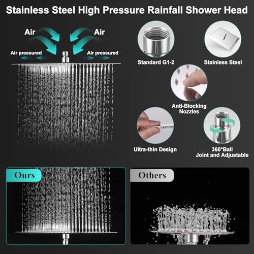 All Metal 10 Inch Rain Shower Head with Handheld Spray Combo, High Pressure Waterfall Rainfall Square Shower Heads with 16" Adjustable Extension Arm, Dual Showerhead with 3-Way Diverter, Chrome - color: Polished Chrome, size: 10 Inch