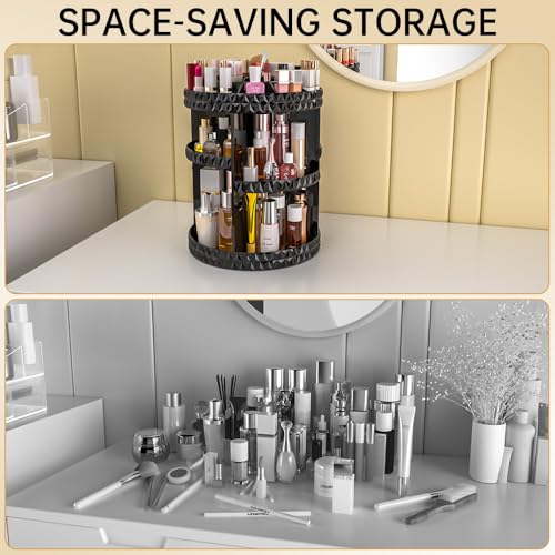360 Rotating Makeup Organizer, DIY Adjustable Makeup Carousel Spinning Holder Storage Rack, Large Capacity Vanity Organizer Skincare Organizers (Black)