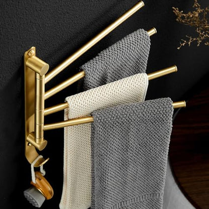 ZHOUXIAO Premium Brass Swing Out Towel Bar Holder Wall-Mounted/Swivel Towel Rack Hanger Organizer for Bathroom, 4-Bar Towel Bar Folding Arm Swivel Hanger Bathroom Storage Brushed Gold