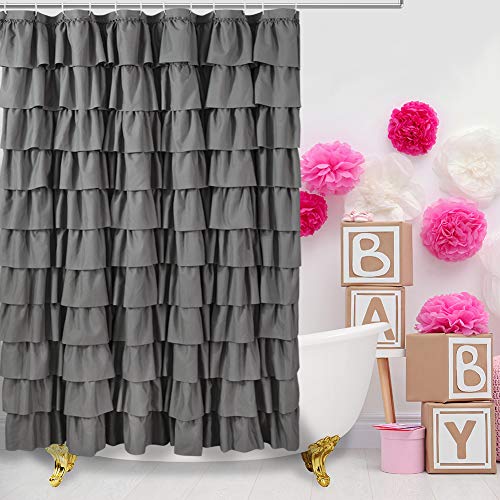 Gray Ruffle Shower Curtain for Bathroom, 72 x 84, Machine Washable Fabric | Handcrafted Ruched Ruffles, Extra-Long 72x84, Soft Brushed Microfiber, Full Coverage Fit, 12 Hooks Included, Easy Hanging - color: Grey, size: 72"W x 84"L (Pack of 1)
