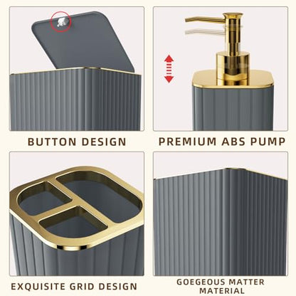 XLHOMO Bathroom Accessory Set - 26PC Bathroom Shower Curtain and Rug Set, Bathroom Accessories Set, Grey Bathroom Set with Trash Can, Toilet Brush, Qtip Holder & Soap Dispenser - style: Grey