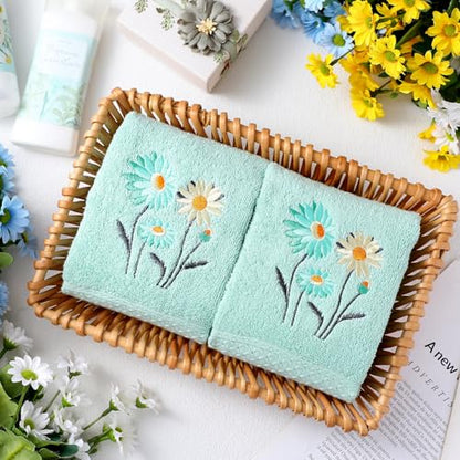 SmoothNovelty 2 Pcs Daisy Hand Towels Teal Flower Bathroom Decor 14x29 Inch Embroidered 100% Cotton Soft Absorbent Spring Summer Decorative Daisy Hand Towels for Bathroom Kitchen - style: Daisy Flower