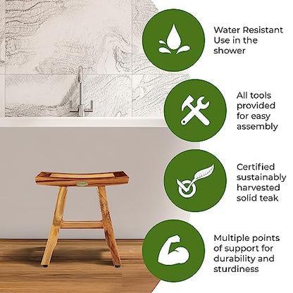 EcoDecors® Satori® 14" Solid Teak Shower Bench, Water-Resistant Bath Stool with Adjustable Feet, EarthyTeak Finish, Indoor/Outdoor Use - size: 14" L x 10" W x 14" H